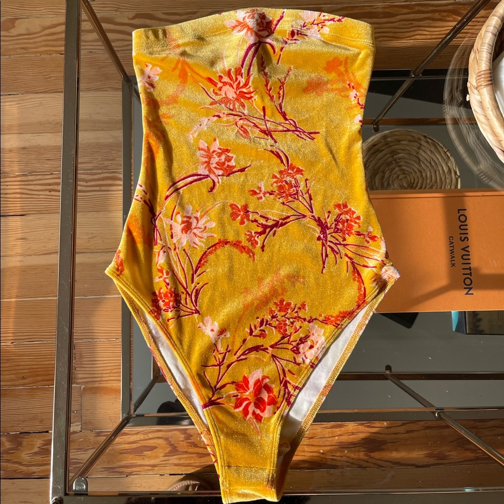 Urban Outfitter yellow floral velvet bodysuit
